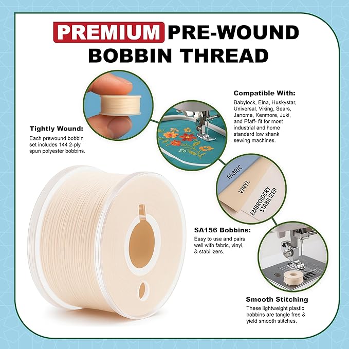 Mandala Crafts 144 Cream SA156 Prewound Bobbins for Singer Sewing Machine -15J SA156 Prefilled Bobbin Thread for Brother Sewing Machine and Embroidery