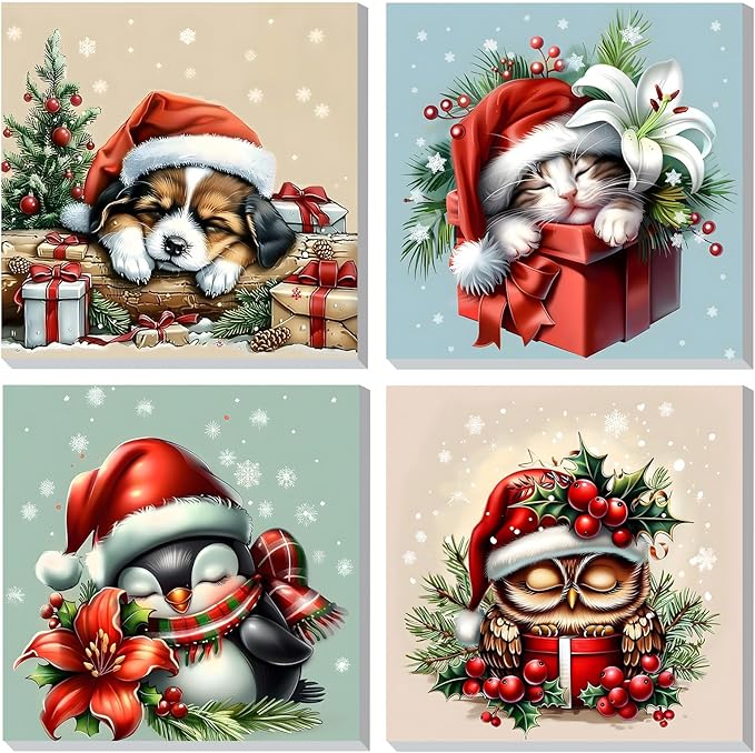 DOMROM 4 Pack Framed Paint by Numbers Dog for Kids Beginners, Adult Paint by Number Kits Animal on Canvas, Acrylic Number Painting Christmas Cat Craft Kits for Gift Home Decor 8x8in