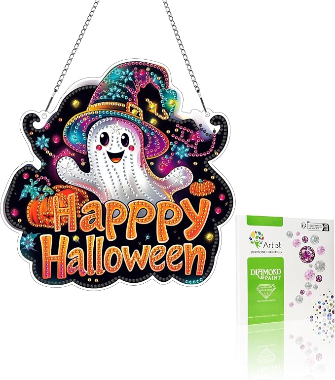 VAIIEYO Halloween Diamond Art Hanging Ornament, Ghost Diamond Painting Suncatchers Window Hanging Kit with Chain, 7.5x7.5 inch Crystal Pendant Art Craft for Gift Home Wall Front Door Decoration