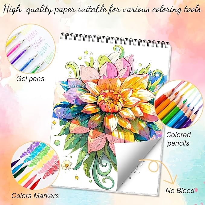 2Pcs Coloring Books for Adults Relaxation Coloring Book for Women Spiral Bound Printed On One Side, Adult Coloring Book for Women with 48 Patterns, Anxiety Relief Gifts(Mandala & Dream Garden)