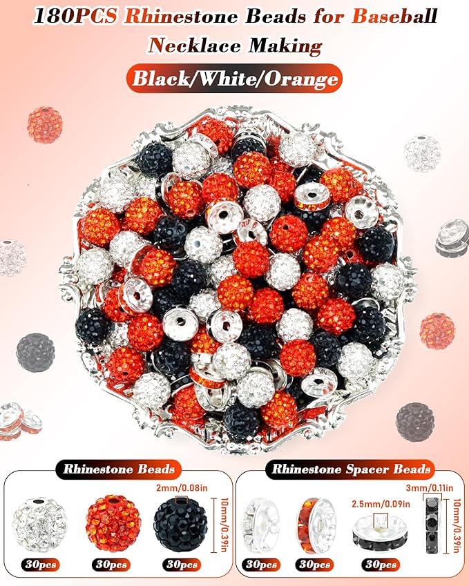 180pcs fiveizero 10mm rhinestone beads for jewelry making – sparkly round crystal clay beads & spacers in baseball team colors for bracelets, necklaces & diy crafts (black white orange)