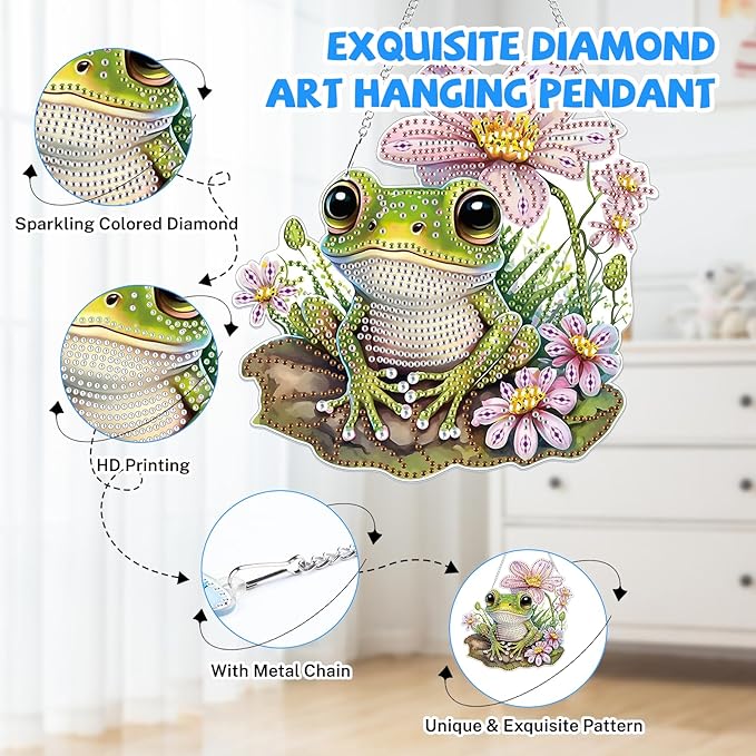 Bowetile Frog Diamond Art Hanging Kits for Adults, 5D Special Shape Diamond Painting Pendant Kits, Animal Gem Art Suncatchers Painting Ornament for Home Garden Wall Decor