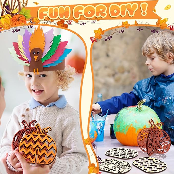 Huwena 36 Pcs Fall Crafts Set 24 Pumpkin Wood Cutouts for Thanksgiving Crafts 3D Unfinished Pumpkin Wooden Slices with 12 Colored Markers for Autumn Harvest DIY Table Tiered Tray Decor
