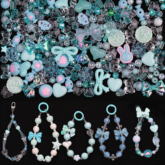 LAIDANLA Acrylic Blue Beads for Keychain Making Blue Cute Beads for DIY Kawaii Jewelry Bracelets Necklace Phone Charm Assorted Random Aesthetic Kandi Bead Charms 160g