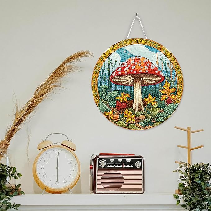 SKRYUIE Mushroom Hanging Diamond Art Kits for Adults Pendant Suncatcher, Special Shaped Crystal DIY Pearl Diamond Painting Kit, Gift for Mother Spring Summer Window Wreath Decor 7.64 x 7.64 Inch A7