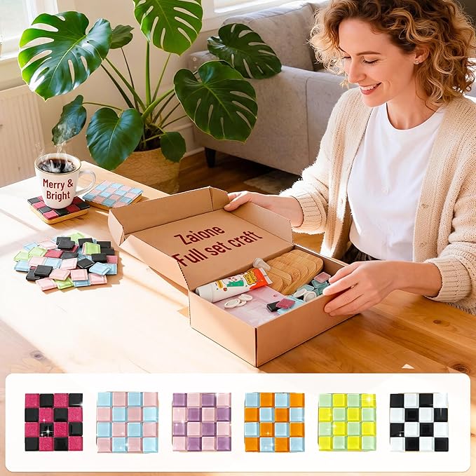 ZAIONE Mosaic Coaster Craft Kit: 6 Sets Easy DIY for Art Beginner Square Checkered Glass Tiles No Grout Needed - Craft Party Home Decor Gift