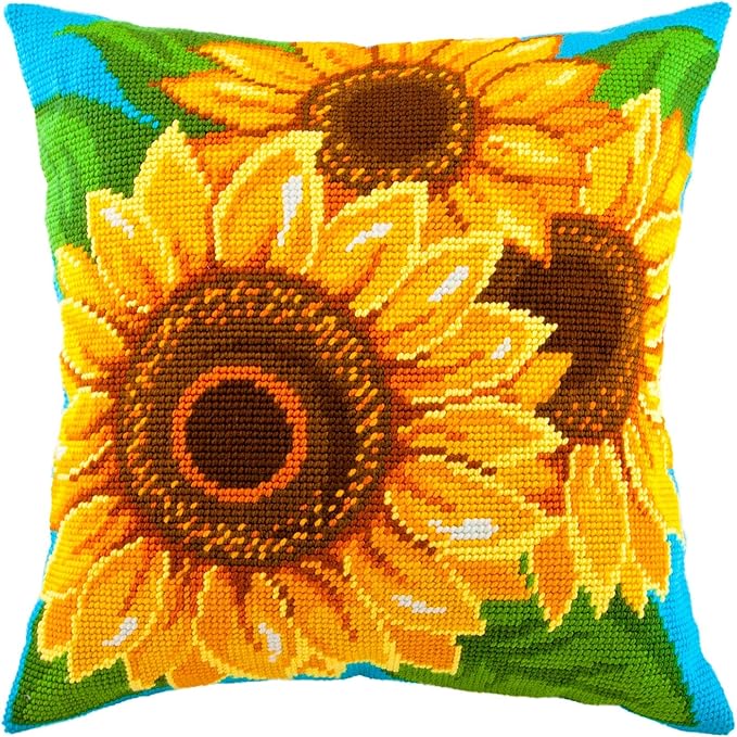 Brvsk Floral Needlepoint Kit for Adults and Beginners — Sunflowers 16″ × 16″ with Clear, Precise Printed Design on Cotton Canvas; Includes 2 Needles, Yarn, and Easy-Read Chart