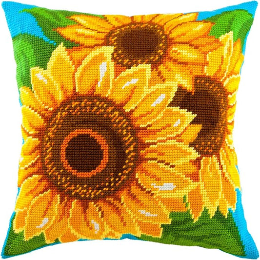 Brvsk Floral Needlepoint Kit for Adults and Beginners — Sunflowers 16″ × 16″ with Clear, Precise Printed Design on Cotton Canvas; Includes 2 Needles, Yarn, and Easy-Read Chart