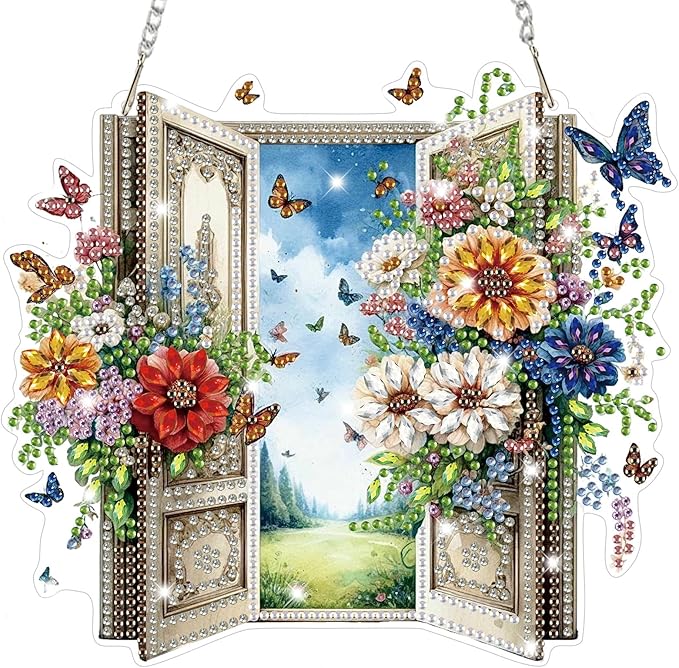 Bowetile Garden Scene Diamond Art Hanging Kits for Adults, Diamond Art Suncatchers Enchanted Flower Door, 5D Special Shape Diamond Painting Pendant Window Ornament Gifts for Home Wall Decor