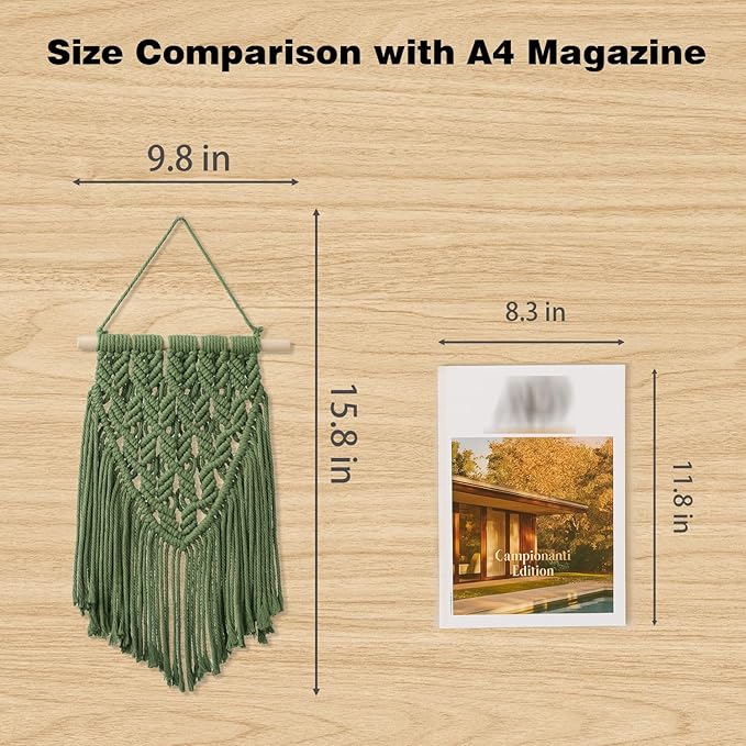 nashibowu small macrame wall hanging decor boho tapestry for bedroom living room dorm nursery and office, cute aesthetic wall art for small spaces for teen girls and home decor (green, 16 * 10 inch)