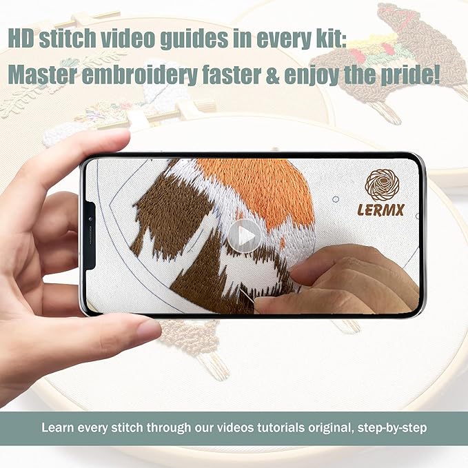 lx lermx embroidery kits for beginners, adult starter cross stitch kit needlepoint complete diy kit with unique patterns, hoop, colorful threads, tools, step by step instructions & video tutorial