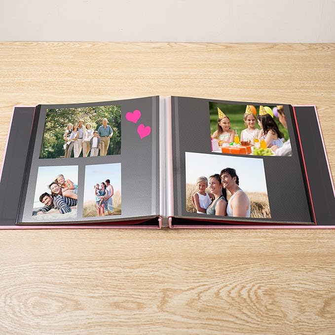 Large Photo Album Self Adhesive 4x6 8x10 10x12 13"x12.6" Scrapbook Album 12.6"x11" Inch 60 Black Sticky Pages Linen Cover Magnetic Photo Album with A Metallic Pen and DIY Stickers(Pink)