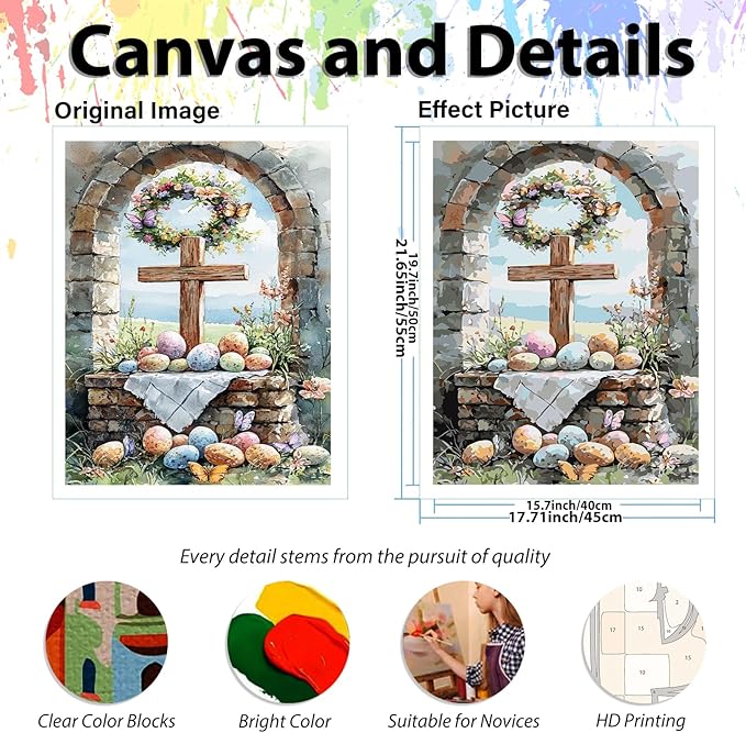 hkejoi Easter Paint by Numbers Kit for Adults Beginners, Adult Paint by Number Kits on Canvas Cross, Painting by Number DIY Crafts Acrylic for Gift Home Decor 16x20 in