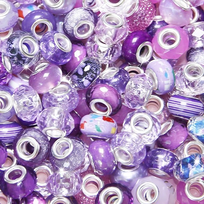 60Pcs Large Hole Beads Spacer Beads Purple Assorted European Craft Big Beads Large Hole Lampwork Murano Bead Fairy Wand Garden Bead for DIY Charm Bracelet Necklace Jewelry Making Decoration Supplies