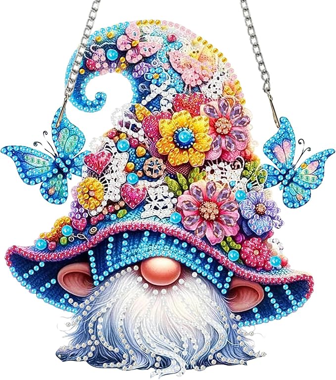 Auremi Gnome Diamond Art Pendant Kits,5D Flower Diamond Art Diamond Painting Hanging Kits,DIY Special Shaped Diamonds Painting Suncatcher Pendant Kit for Adults for Gift Wall Home Decor