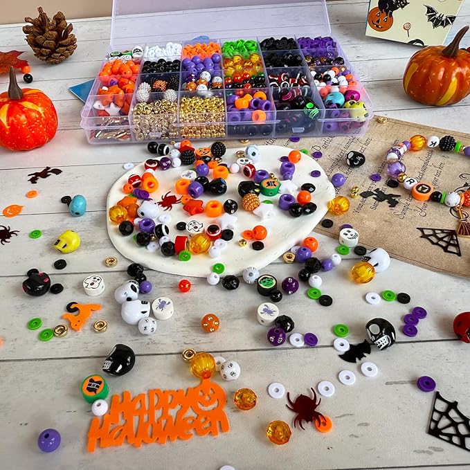 1970Pcs Halloween Bracelet Kit, Halloween Beads for Bracelets Jewelry Making Orange Black White Purple Polymer Clay Beads Pumpkin Evil Eye Skull Bead with Ghost Spider Charms for DIY Craft Earring