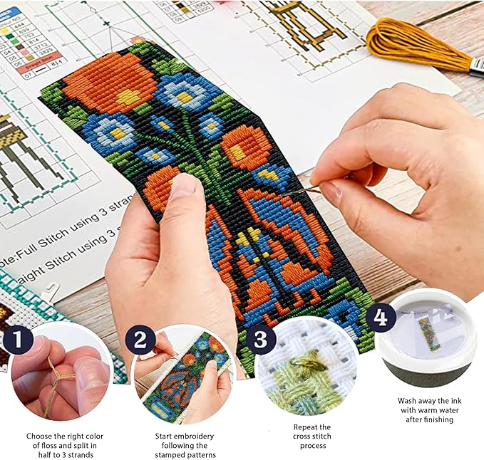 ACRNIGHEET 6PCS Cross Stitch Kits Stamped Cross Stitch Bookmark Kit for Beginner Adults Easy Flower DIY Embroidery Bookmark Kit Needlepoint Kits with Instructions Book Lovers Craft Gift 8.5''x3'' 11CT