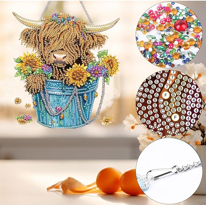 Bimkole Highland Cattle Diamond Art Hanging Kit for Adult, DIY 5D Sunflowers Diamond Painting Window Pendant, Acrylic Crystal Art Hanging Ornament for Wall Home Garden Front Door Decor - 7.8x7.8 Inch