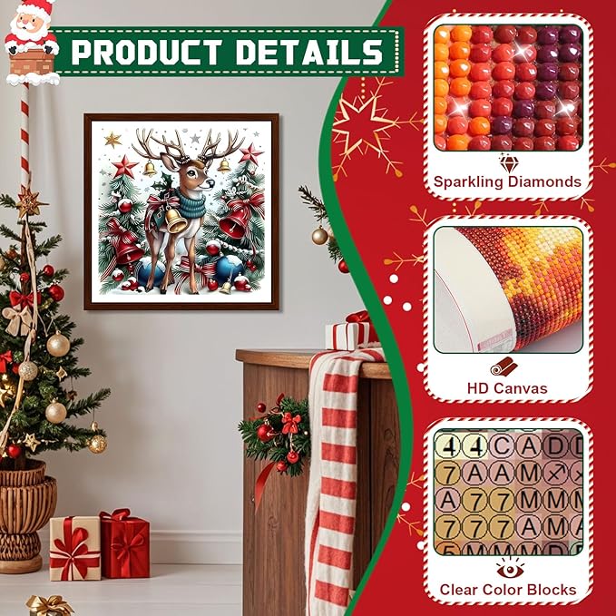 EMIEAUFG Christmas Diamond Art Kits for Adults, Christmas Deer Diamond Paiting Kit for Beginners, 5D DIY Round Full Drill Craft Diamond Dot Gem Art, Home Wall Decor 12" x 12"