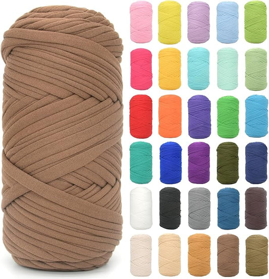 Tshirt Yarn for Crocheting,Coffee Brown T Shirt Chunky Elastic Fabric Thick T-Shirt Crochet Yarn for Beginners Crocheting Hand Knitting Bag/Basket/Coasters/DIY Crafts/Home Decor 200G(Coffee Brown