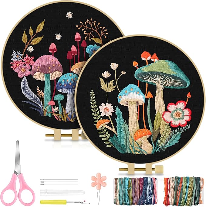 TINDTOP 2 Pack Embroidery Kit for Adult Beginners, Embroidery DIY Starter Kit, with Mushroom Stamped Patterns, Hoop, Tools, Colorful Threads with Needles, Instructions