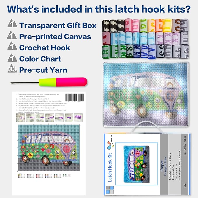 LAPATAIN Latch Hook Kits for Adults,Volkswagen Beetle Pattern Color Printed Canvas DIY Rug Kits Carpet Embroidery Sofa Cushion,Beginners Handmade Needlework Crafts Home Decoration 20.5x15inch LT3