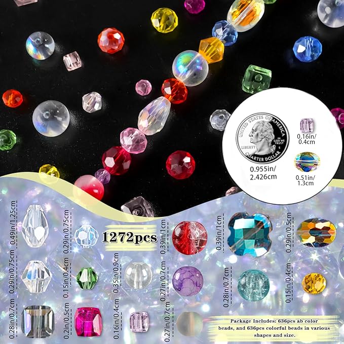 christmas glass beads for jewelry making,1272 pcs colorful rainbow ab color craft crystal beads with loose beads sparkly beads hole drilled for diy christmas bracelets necklace wristband earring craft