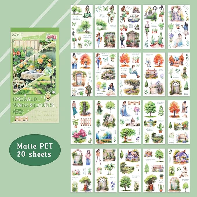 Green Journaling Supplies Sticker, 20 Sheets Scrapbook Sticker Book, Junk Journal Kits Pre-cut Watercolor Scrapbooking Supplies for Adults Planner Cottagecore Decorative DIY Craft Project, 182PCS