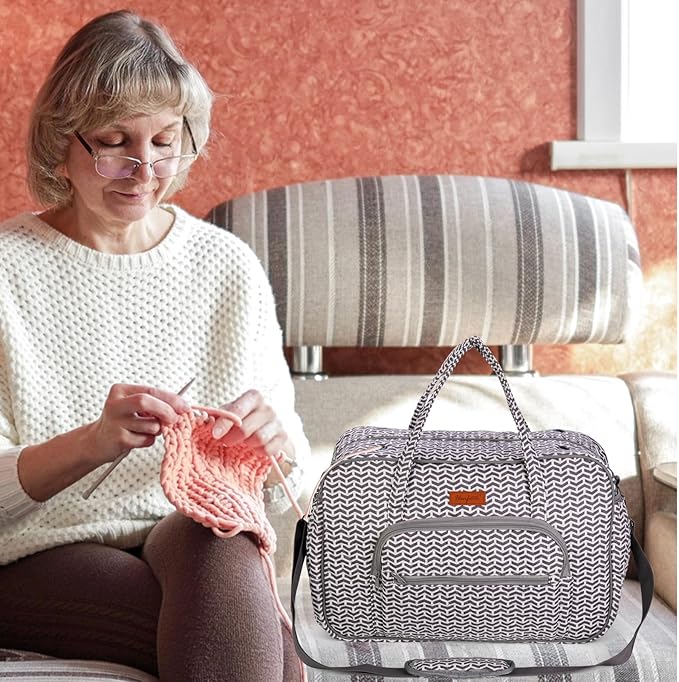 Yarn Storage Organizer, Knitting Crossbody Bag, Large Crochet Tote Bag Yarn Holder Case for Carrying Projects, Knitting Needles, Crochet Hooks and Other Accessories (Gray-Arrow)