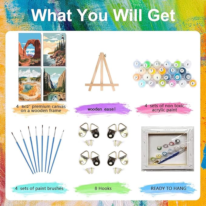 4 Pack Paint by Numbers for Adults with Framed Canvas - with Wooden Easel, National Park Paint by Number on Canvas, DIY Landscape Acrylic Oil Painting Kits with Brushes for Home Wall Decor (8x12 inch)