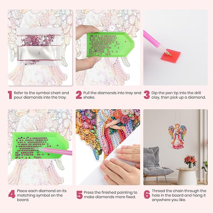 MXJSUA Pink Floral Angel Diamond Art Hanging Kits for Adults Beginners, Acrylic 5D Special Shaped Crystal Diamond Gem Art Painting Hanging Ornament for Home Wall Decor and Gift