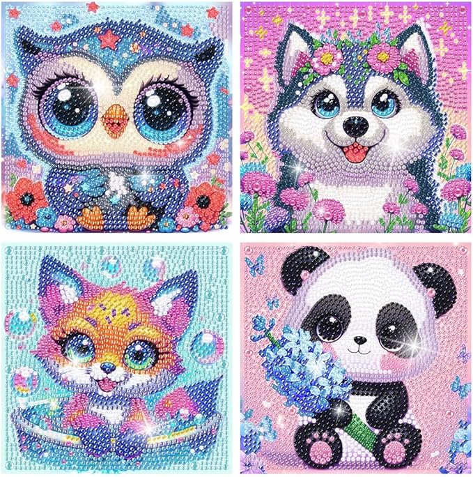 4 Pack Diamond Art Kits for Kids, Cartoon Animals Diamond Painting Kits for Kids Beginners, Kids' Mosaic Kits DIY Full Drill Diamond Dots Painting Picture Arts Craft for Home Wall Decor 6x6 Inch