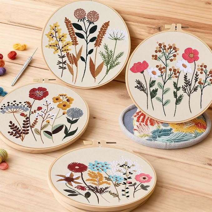 Fakindiy 4 Sets Embroidery Kit for Beginners, Flower Cross Stitch Set for Complete Starter Kit with Hoop, Threads, Needles & Tools,Hand Craft Gift for Lovers (ColorC-Flower Pattern)