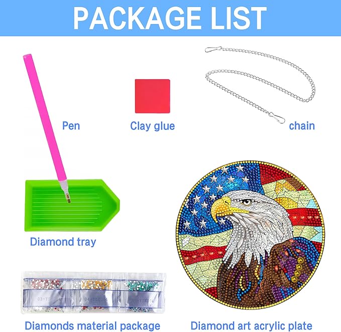 VAIIEYO Eagle Diamond Art Hanging,National Flag Diamond Painting Suncatchers Double Side Window Hanging Kit with Chain, 7.5x7.5 inch Crystal Pendant Art Craft for Gift Home Wall Front Door Decoration