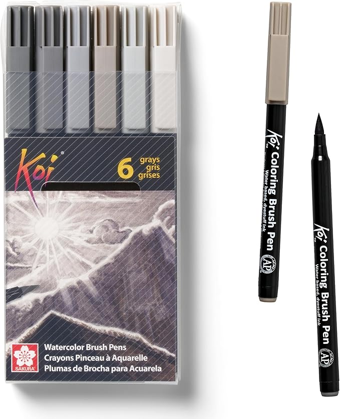 SAKURA XBR-6SA 6-Piece Koi Coloring Brush Pen Set, Gray