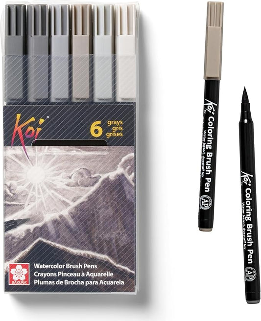 SAKURA XBR-6SA 6-Piece Koi Coloring Brush Pen Set, Gray