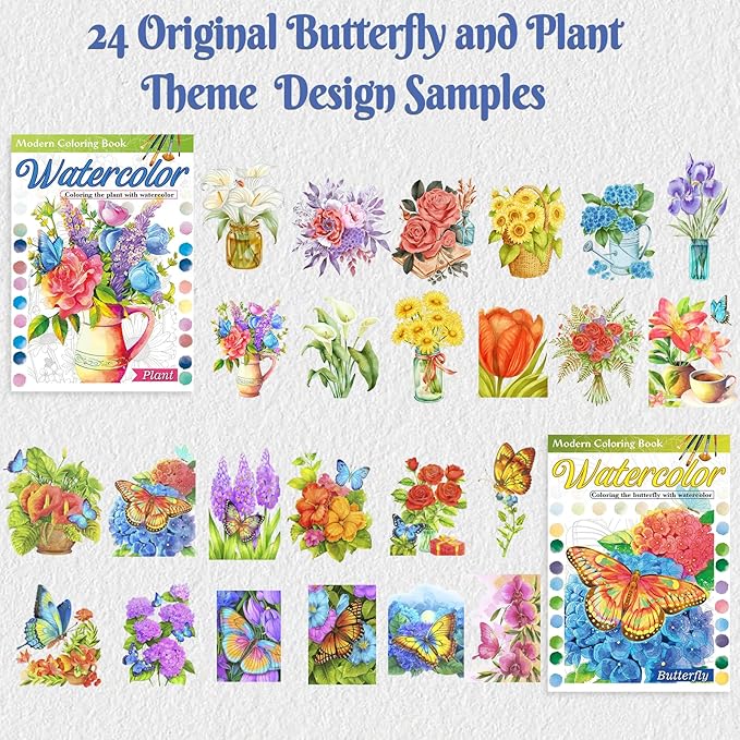 2Pcs Adults Water Coloring Book: 24 Advanced Exquisite Patterns – 100% Cotton 300gsm Paper, A4 Size – for Beginners & Professionals to Enhance & Consolidate Watercolor Techniques (Plant & Butterfly)