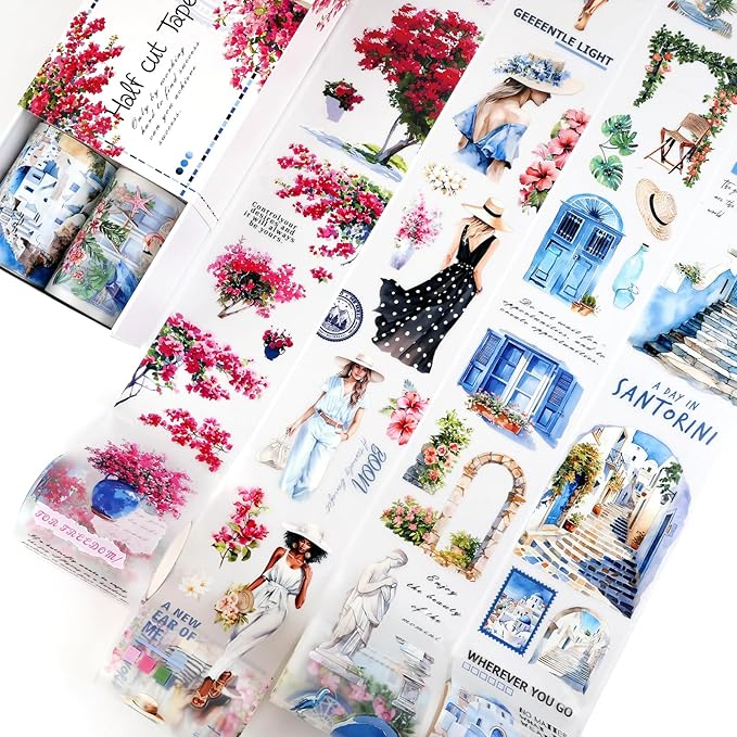 Dizdkizd Die Cut PET Tape Set, 4 Rolls Greece Vacation and Floral Tapes Stickers for Scrapbooking, Travel Journals, Collages, Planners, Blue