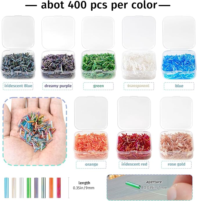 6112pcs 2x9mm Long Glass Tube Beads for Jewelry Making,Beading Starter Kit with Individual Case, 8 Iridescent Colors Slim Bugle Delica 2mm Bead for DIY Earrings Bracelets Necklaces Gift Supplies