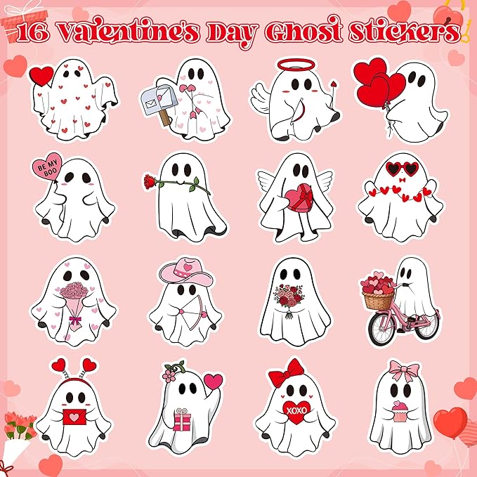 h1vojoxo valentine's day sticker rolls - 1000pcs valentine’s day ghost stickers 16 designs pink red cute ghost label tag seal stickers for kids craft envelope water bottle valentines party supplies