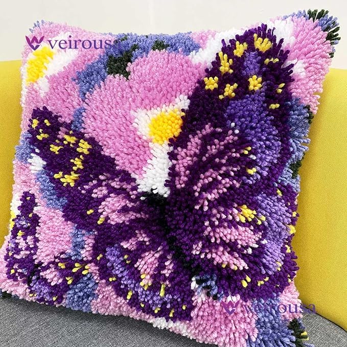 veirousa Butterfly Floral Latch Hook Kits for Adults Beginners DIY Crochet Pillow Kit Pre-Printed Pillowcase Hook and Latch Rug Kits Needlework Cushion Cover for Home Sofa Decoration 17x17 in.