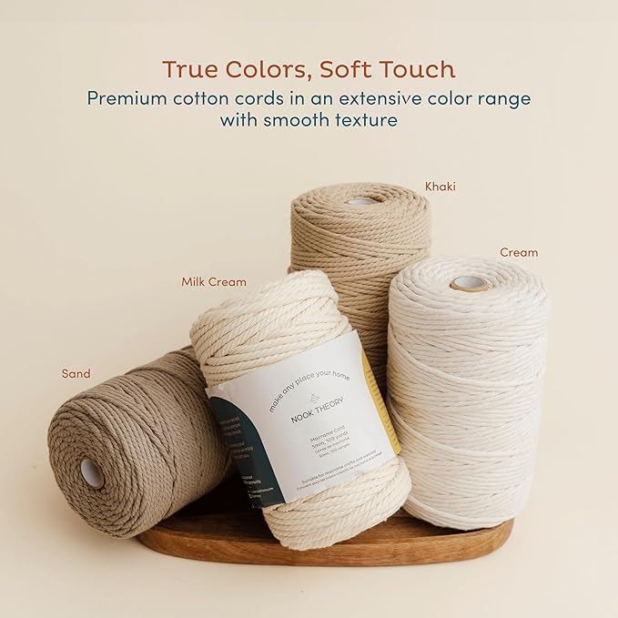 Nook Theory Macrame Cord - 3mm 109 Yards Cotton Rope, 4mm 5mm Yarn, String for Crafts, Perfect for Macrame Wall Hanging and Boho Decorations (Cream)