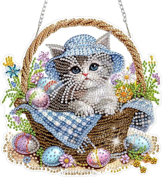 DOMROM Cat Diamond Art Hanging Kits for Adults, Easter Special Shaped Crystal Diamond Painting Cat Pendant, DIY Diamond Art Suncatchers Animal for Home Garden Wall Decor Gift
