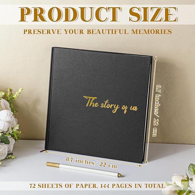 Colarr Hardcover Couples Scrapbook 144 Pages 8.7 x 8.7" Valentine Couples Photo Album Scrapbook Journal for 1 Year Wedding Memory Anniversary Photo Book Gift with 2 Markers(Black)