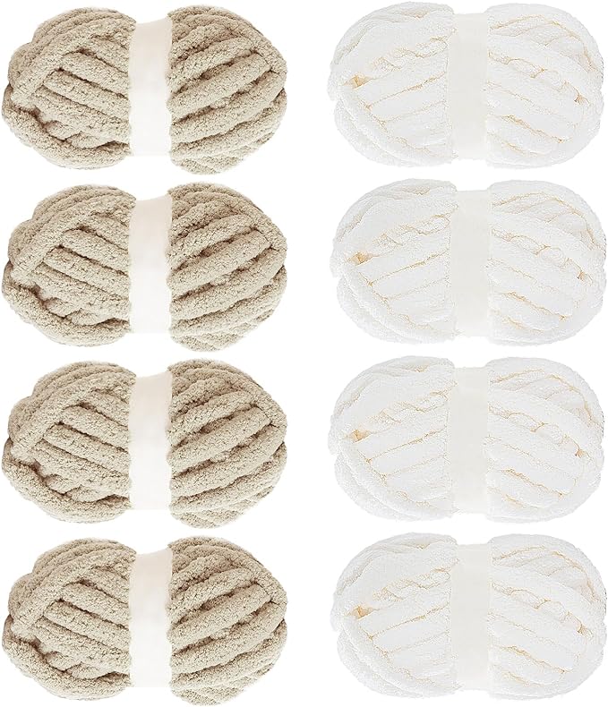 MABOZOO Assorted Chunky Yarn for Crocheting - 8 Pack, Fluffy Chenille & Giant Thick Fuzzy Yarn - 4 White & 4 Khaki (31.7 yds, 8 oz Each)