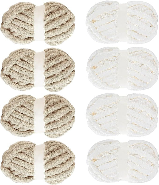 MABOZOO Assorted Chunky Yarn for Crocheting - 8 Pack, Fluffy Chenille & Giant Thick Fuzzy Yarn - 4 White & 4 Khaki (31.7 yds, 8 oz Each)