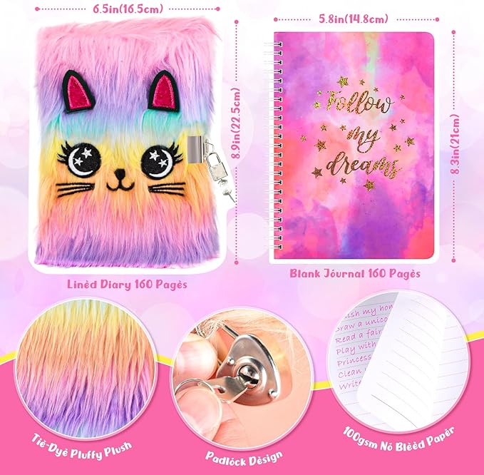 2-pack diy journal kit for girls ages 8-12 13 14 year olds, birthday gifts for teen girls, 110pcs cute scrapbook supplies stationary, journaling art crafts trendy stuff for kids, cat diary with lock
