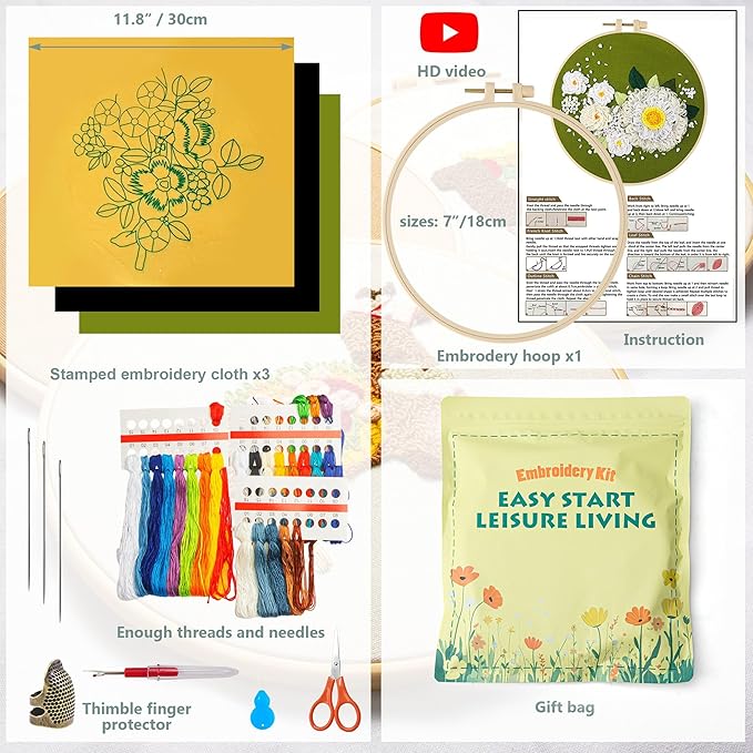 lx lermx embroidery kits for beginners, adult starter cross stitch kit needlepoint complete diy kit with unique patterns, hoop, colorful threads, tools, step by step instructions & video tutorial