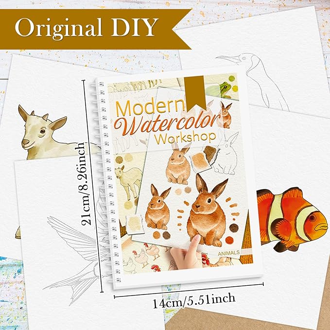 Watercolor Workbook, Watercolor Workbook Paint Book Beginner Friendly, 12 Different Patterns Stress-Relieving Art Crafts for Creative Exploration Gift for Women Adults Teens (Animals, 1)