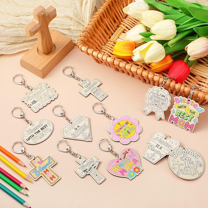 Trnayi 36 Pcs Mother's Day Crafts Color Your Own Religious Mother's Day Keychains DIY Unfinished Wooden Blessed Mom Keychains for Mom Sunday School Christian Party Home Activities Gifts